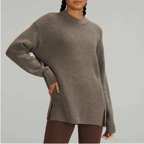 lululemon athletica Sweaters - Lululemon Merino Wool-Blend Ribbed Crewneck Sweater Heathered Nomad Green Size 6